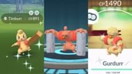 Timburr and its two evolutions, Gurdurr and Conkeldurr, as they appear in their shiny variants in Pokemon GO (Image via Niantic)
